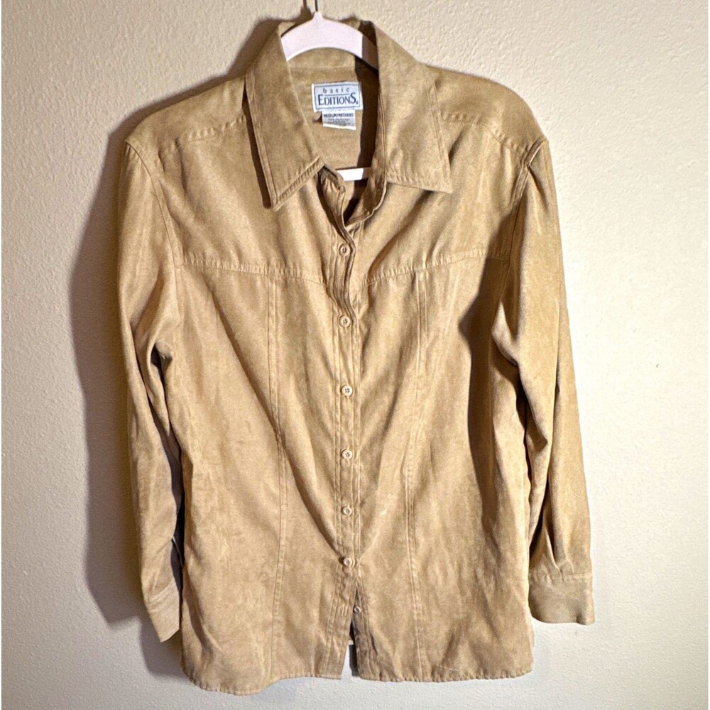 Basic Editions Men’s Faux Suede Lightweight Button-Up Shirt Long Sleeve Beige M